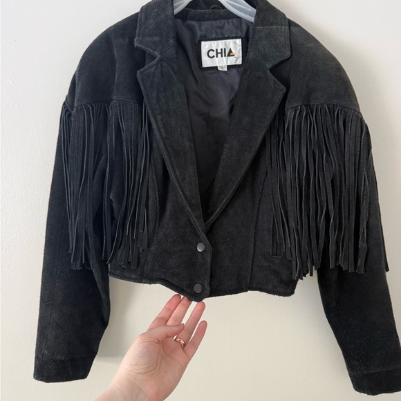 Vintage 1980s Womens Black Suede Leather Jacket Size S Fringe Biker Western Goth - Picture 10 of 10